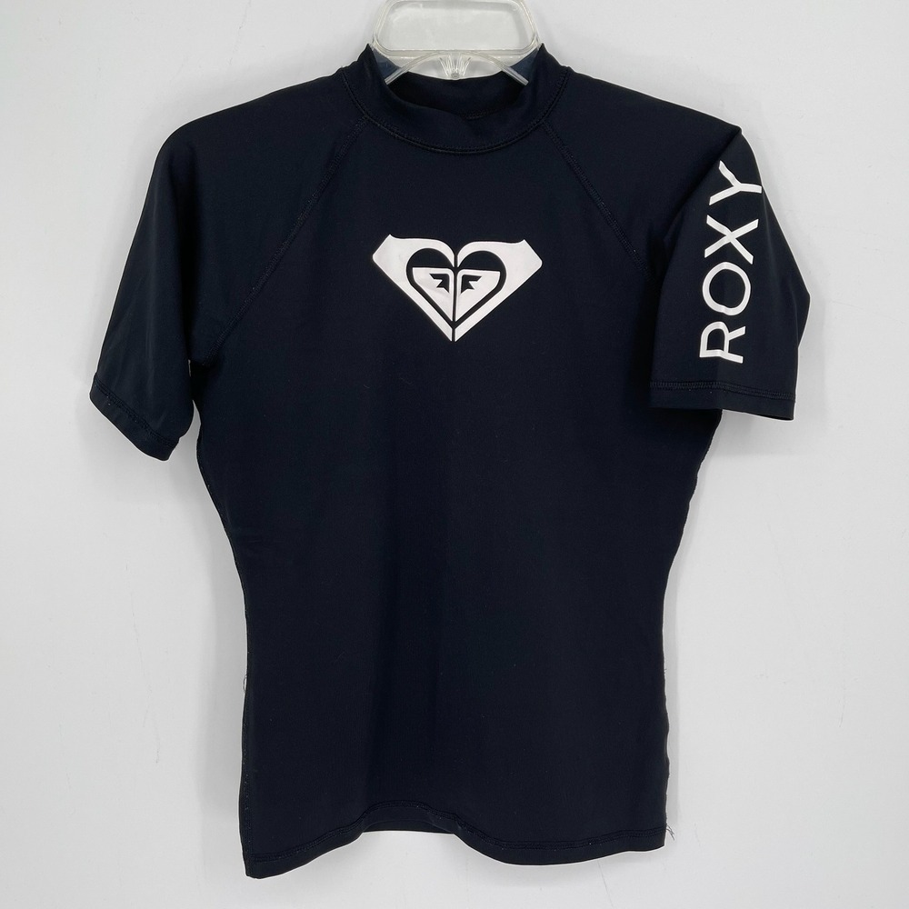 Roxy Women's Black Raglan Sleeve Logo Surf‎ Swim Sun Shirt Rash Guard Top Size L
